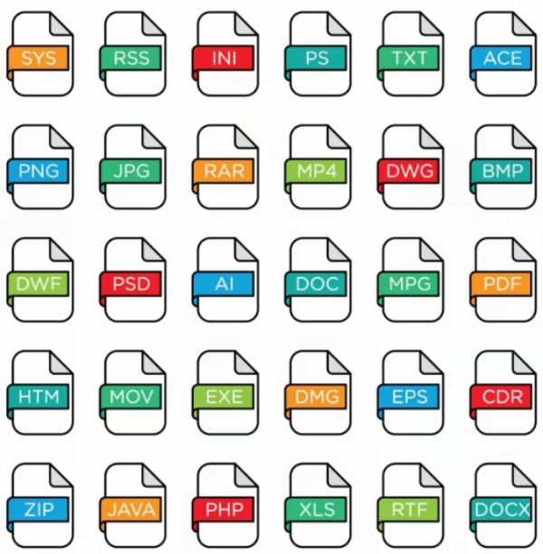Imagen de formatos de archivos, SYS, RSS, INI, PS, TXT, ACE, EPS, XLS, HTM...